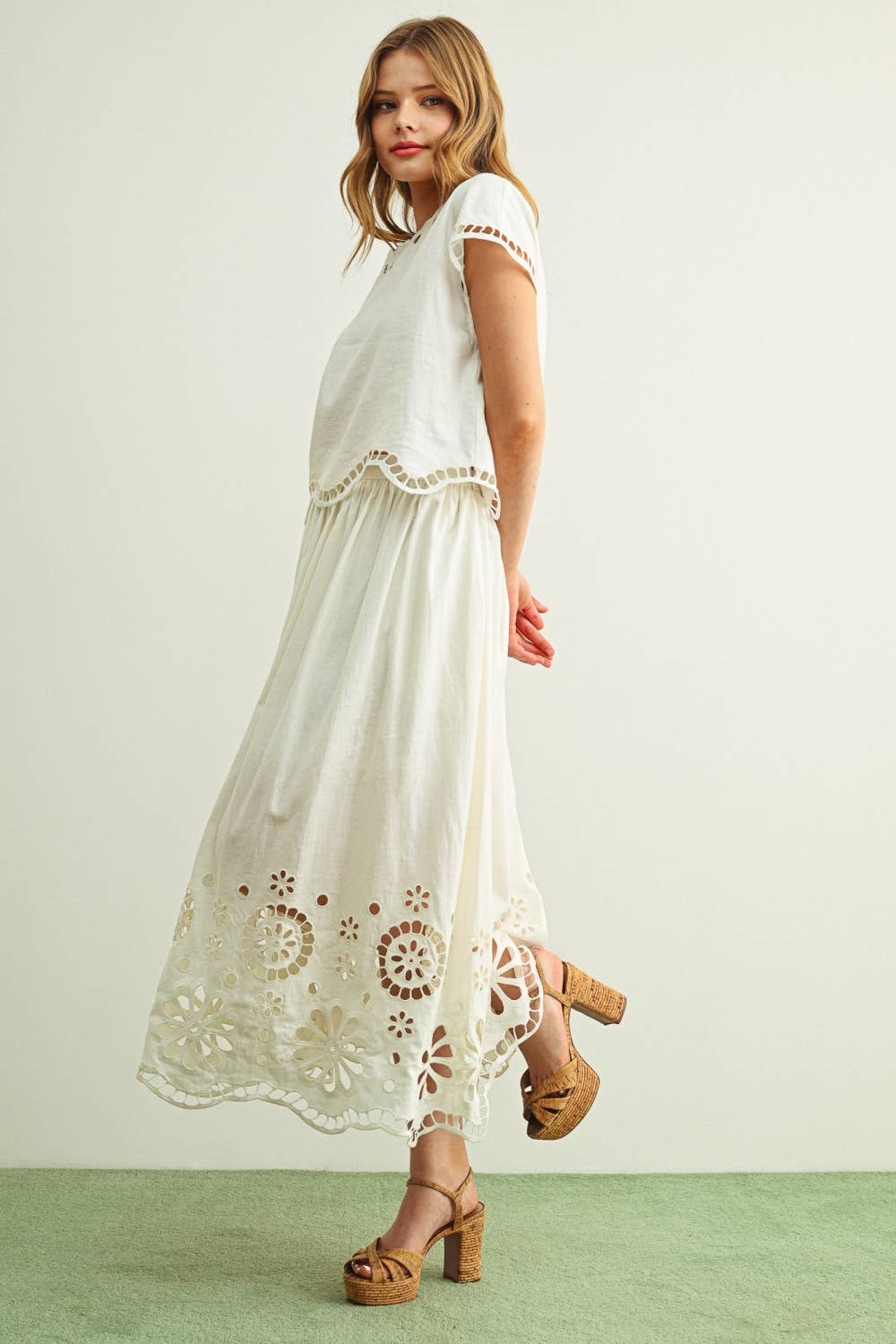 Floral Embroidered Boat Neck Top & Skirt Set