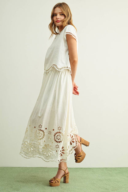 Floral Embroidered Boat Neck Top & Skirt Set