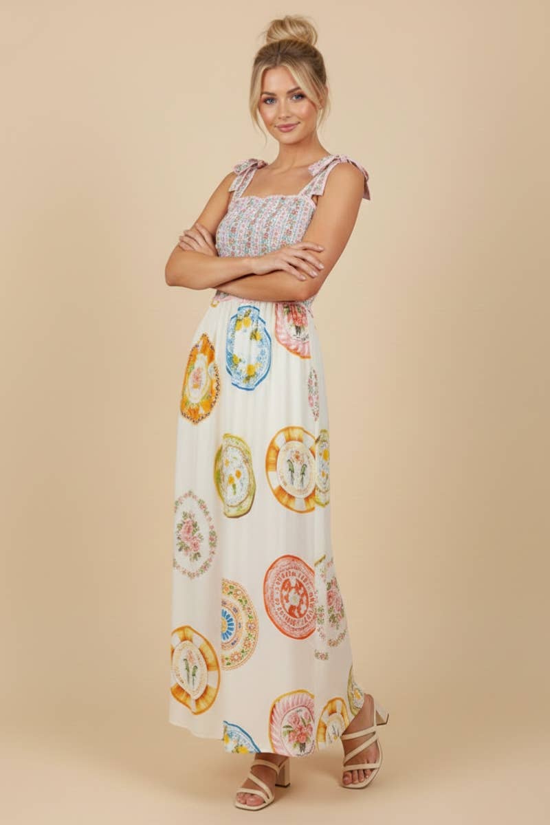 Majolica Plate Print Maxi Dress