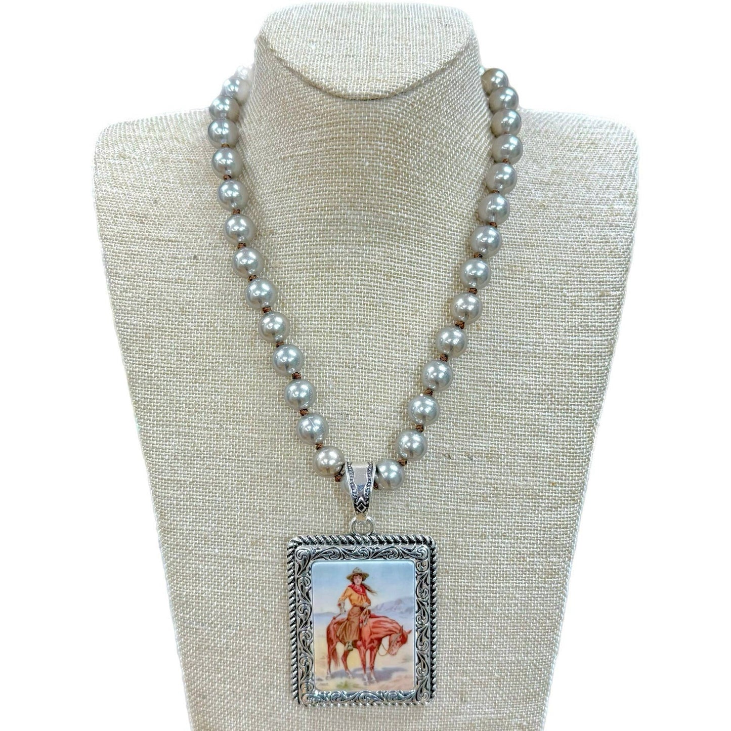 Vintage Cowgirl with Etched & Rope Edge on Faux Navajo Pearl Necklace