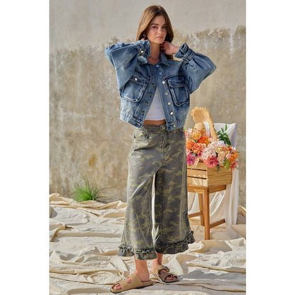 CAMOUFLAGE DENIM RUFFLED HEM MID RISE BLOOMER PANTS