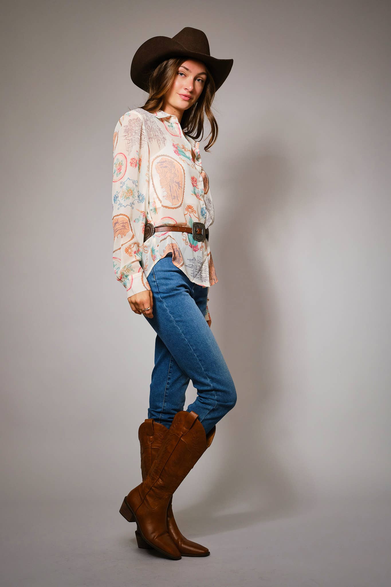 Western Print Chiffon Shirt