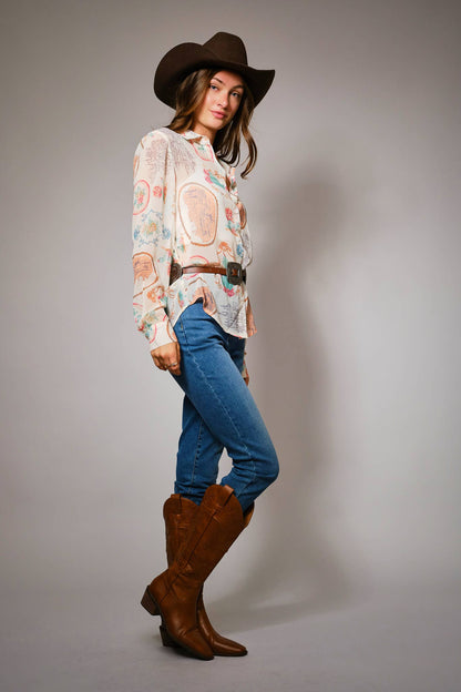 Western Print Chiffon Shirt