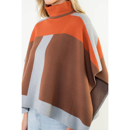 Colorblock Turtleneck Knit Poncho