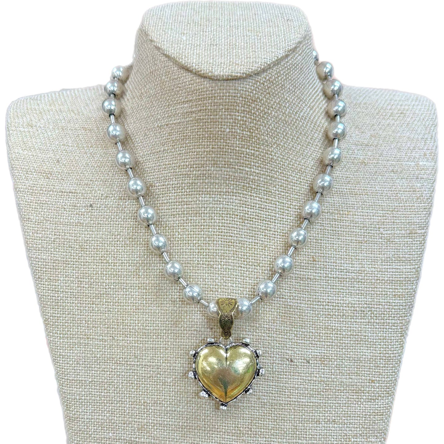 Gold Puff Heart On Silver Ball Chain Necklace