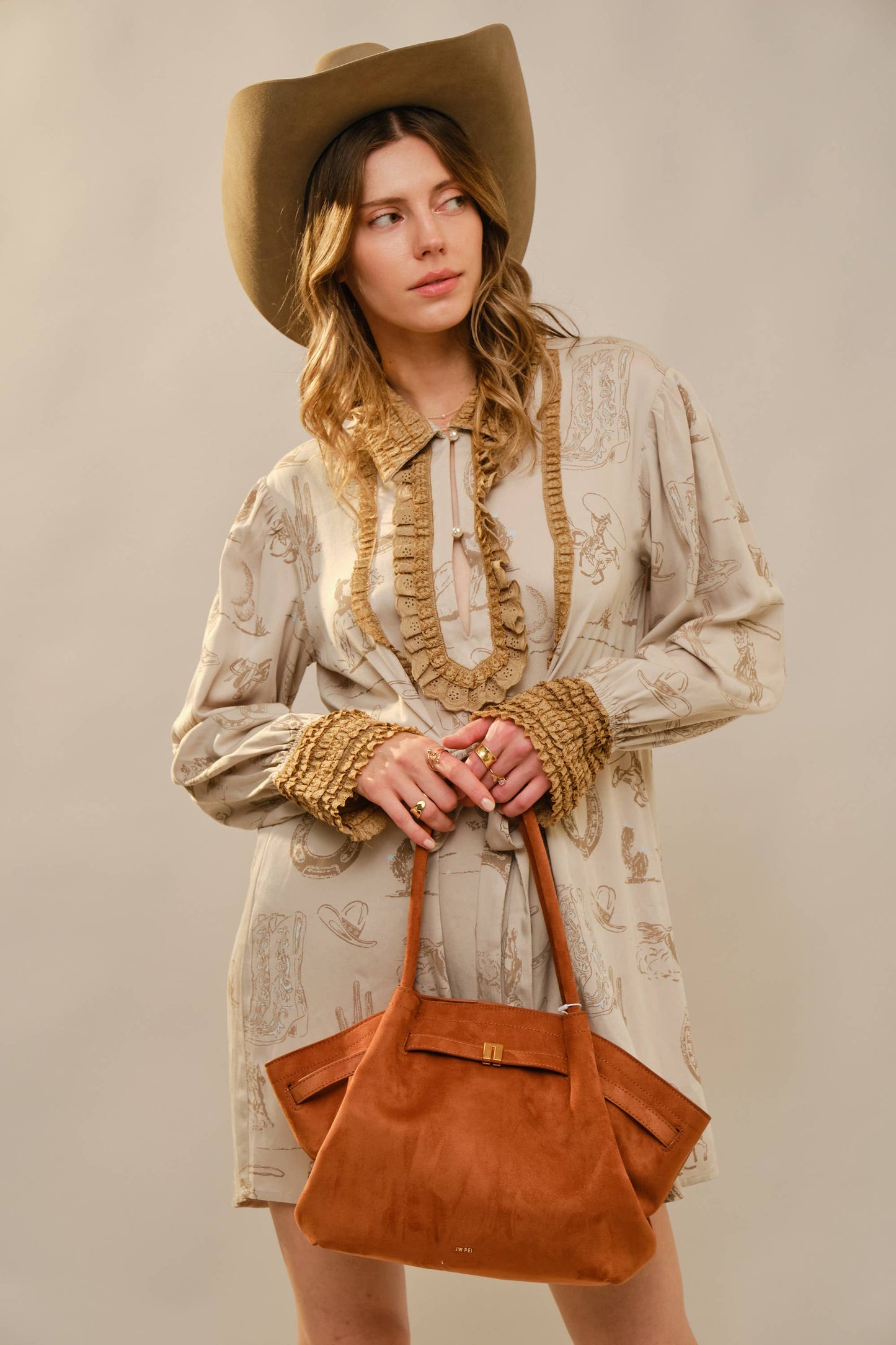 Western Graphic Ruffle Tie Waist Mini Dress