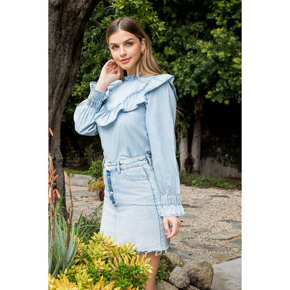 Long Sleeve Ruffle Denim Top