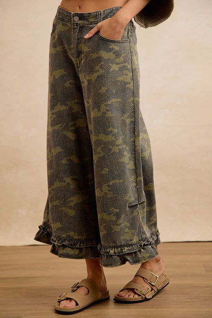 CAMOUFLAGE DENIM RUFFLED HEM MID RISE BLOOMER PANTS