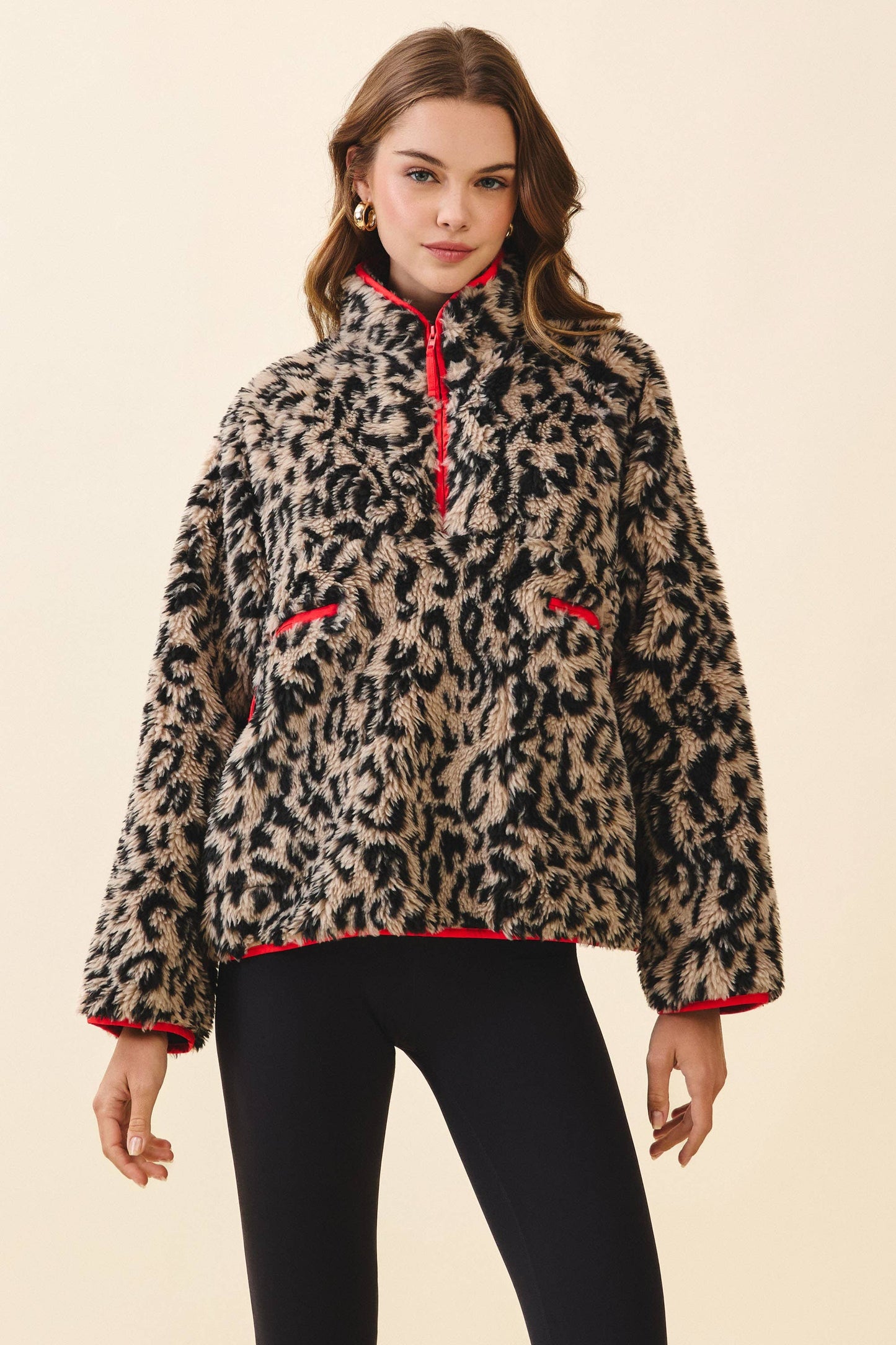 Faux Fur Leopard Half Zip Front Pullover Jacket