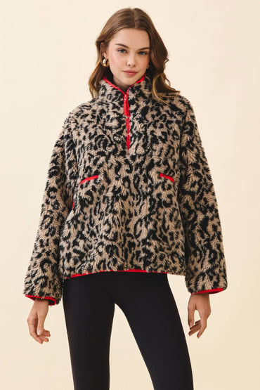 Faux Fur Leopard Half Zip Front Pullover Jacket