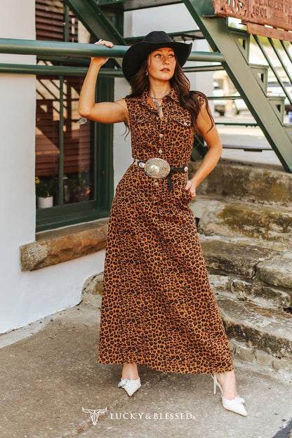 Brown Leopard Stretch Denim Sleeveless Concho Dress