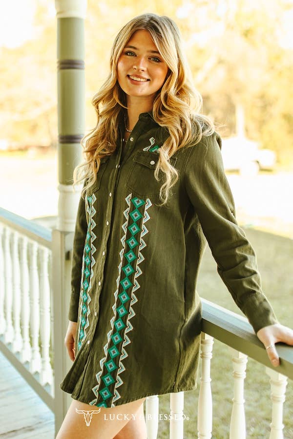 Olive Embroidered Long Sleeve Shirt Dress