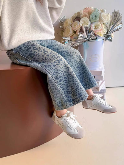 Girl's Blue Leopard Print Denim Wide-Leg Pants