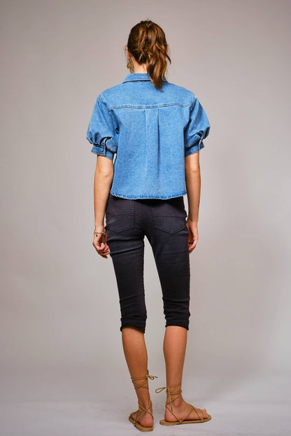 Puff Short Sleeve Button Down Denim Shirt
