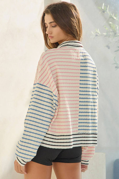 Oversized Funnel-Neck Half Zip Striped Top