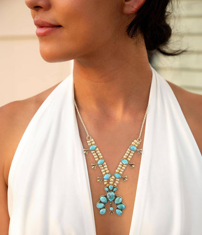Barse Floral Statement Blue Turquoise Golden Necklace
