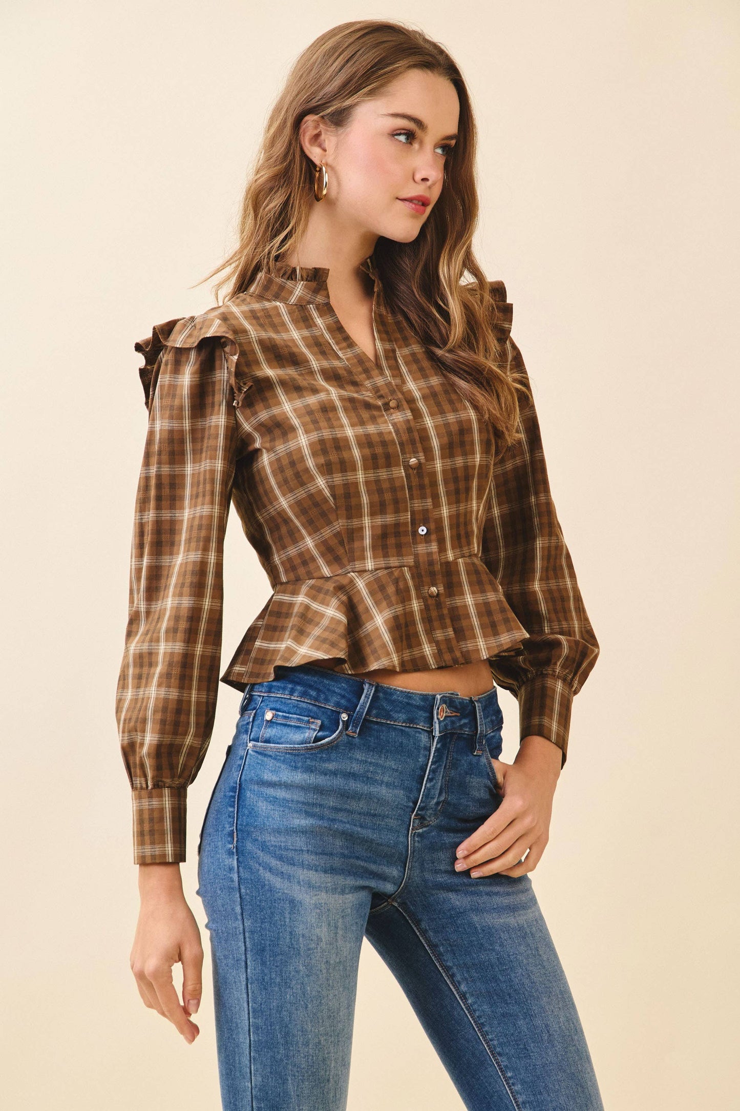 Plaid Button Front Ruffle Accents Peplum Hem Top