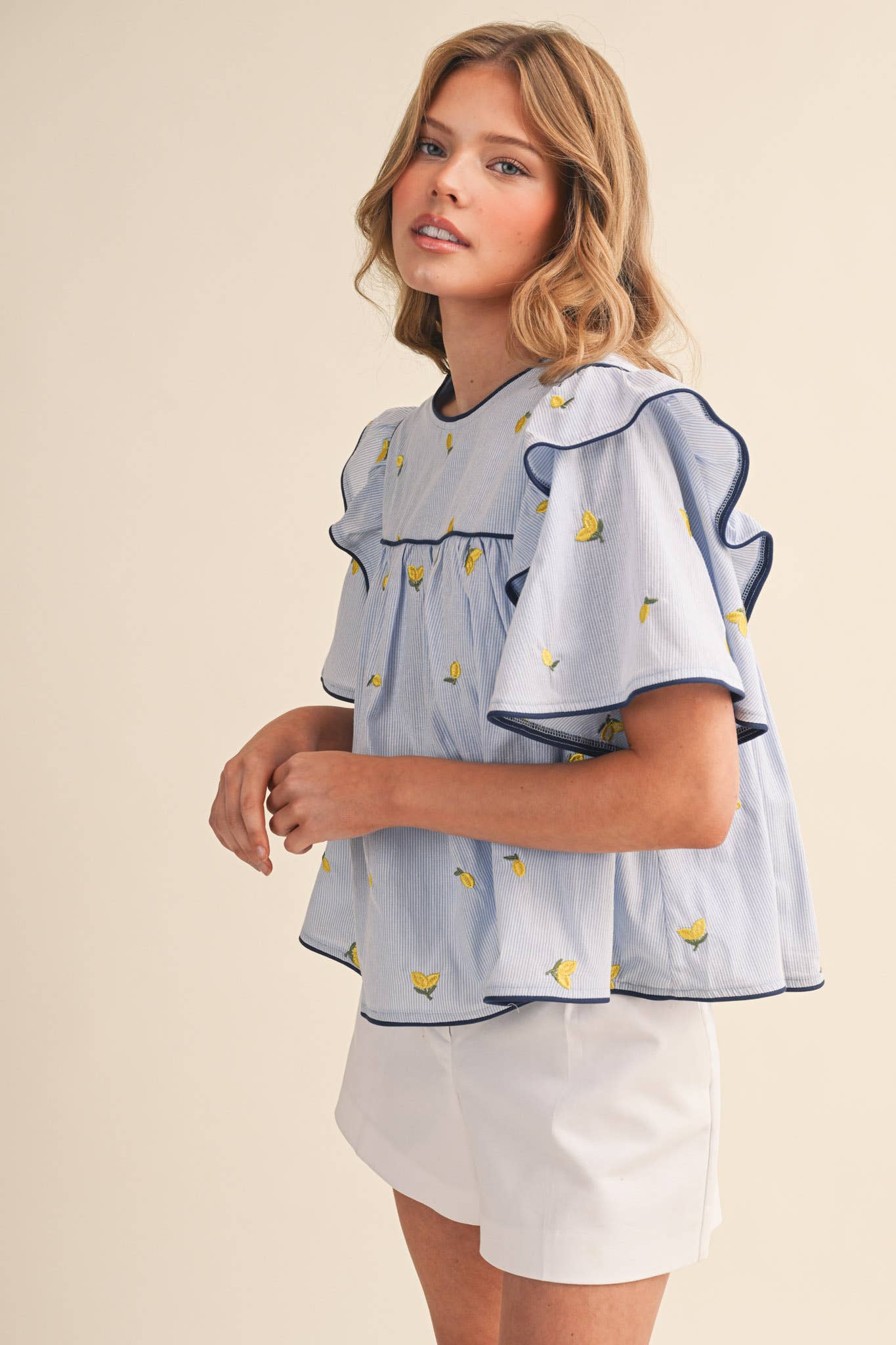 Lemon Embroidery Contrast Piping Top