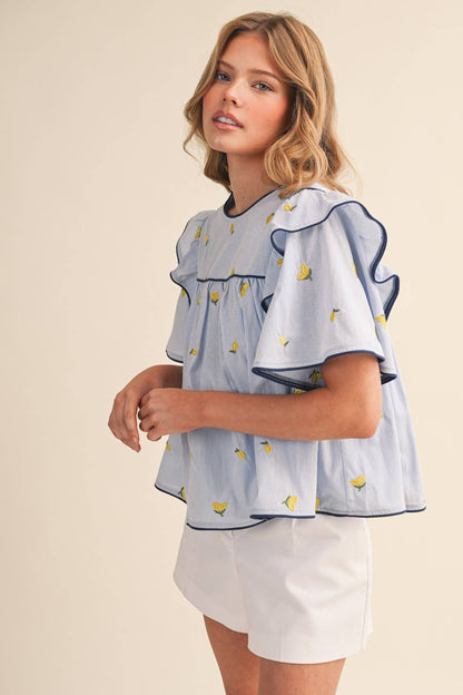 Lemon Embroidery Contrast Piping Top
