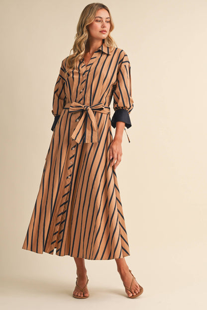 Striped Pintuck Midi Dress