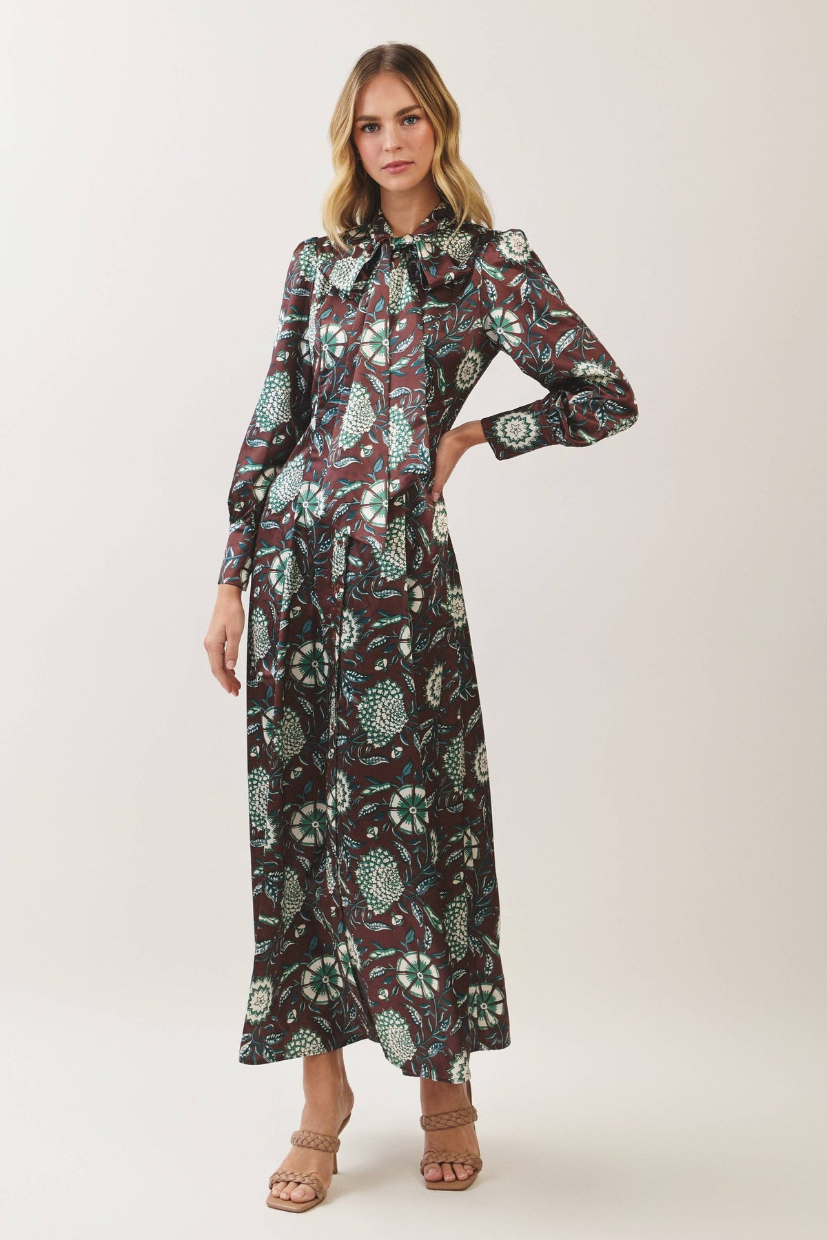 TCEC Floral Print Tie-Neck Maxi Dress