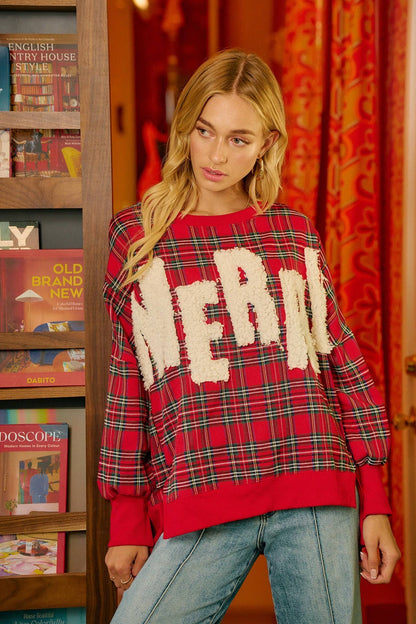 Merry Letter Patches Christmas Plaid Sweatshirt