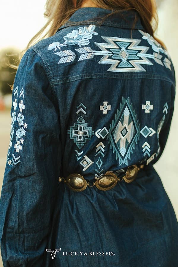 Denim Embroidered Long Sleeve Pearl Snap Dress