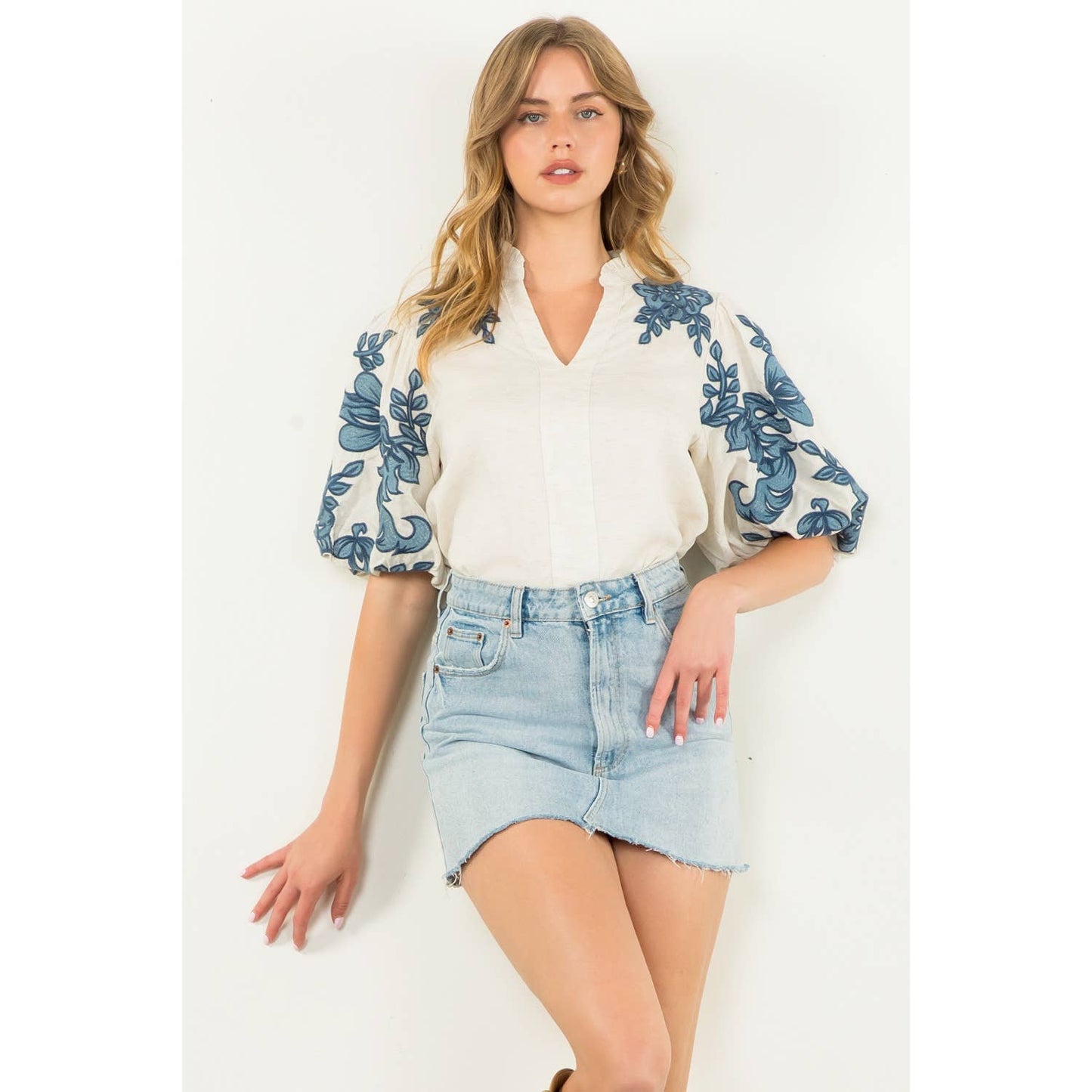 Embroidered Puff Sleeve V-Neck Top