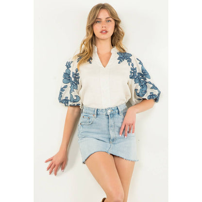 Embroidered Puff Sleeve V-Neck Top