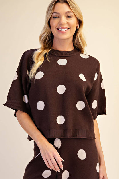 Polka Dot Round Neck Short Sleeve Sweater