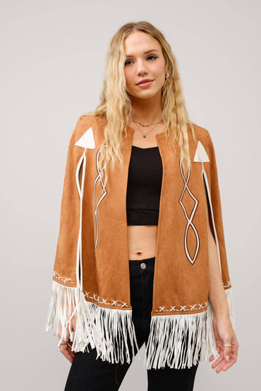 Fringe Detail Open Cape Jacket
