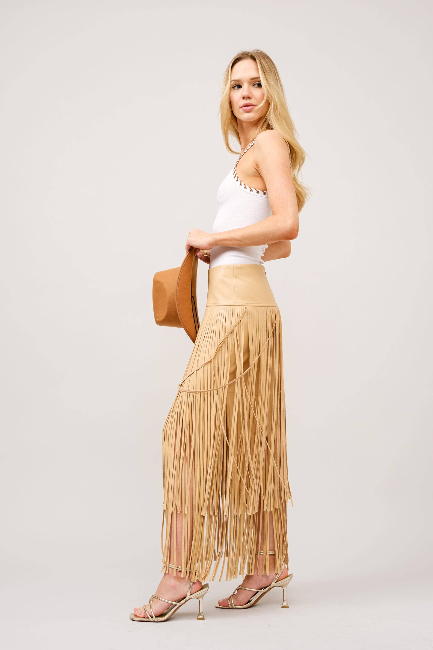 Faux Leather Tiered Fringe Maxi Skirt