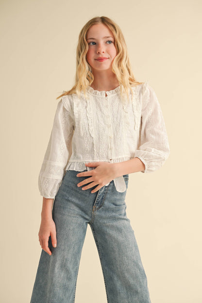 Tween Girls Cropped Button Down Blouse