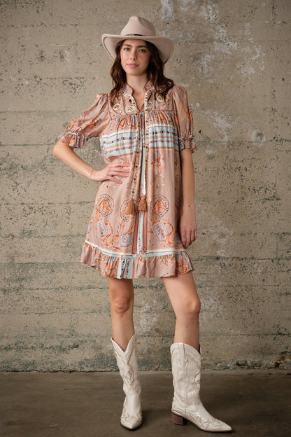 Blue B Western Scarf Print Babydoll Dress