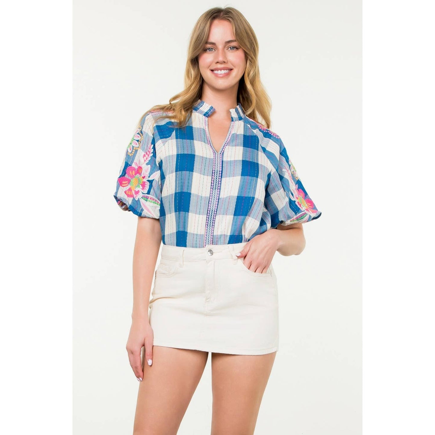 Embroidered Puff Sleeve Plaid Top