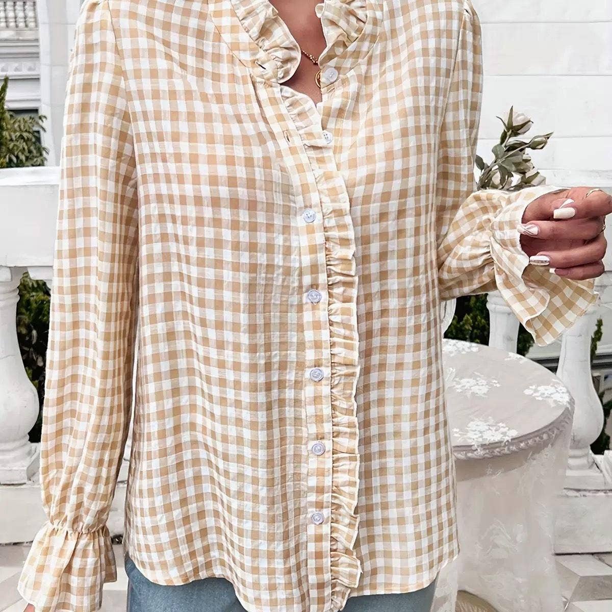 Ruffled Shirt Long-sleeve Plaid Blouse