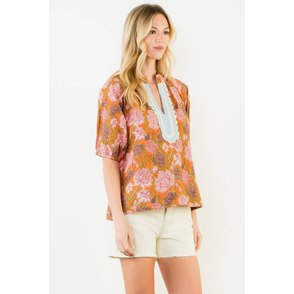 Short Sleeve Floral Pattern V-Neck Top