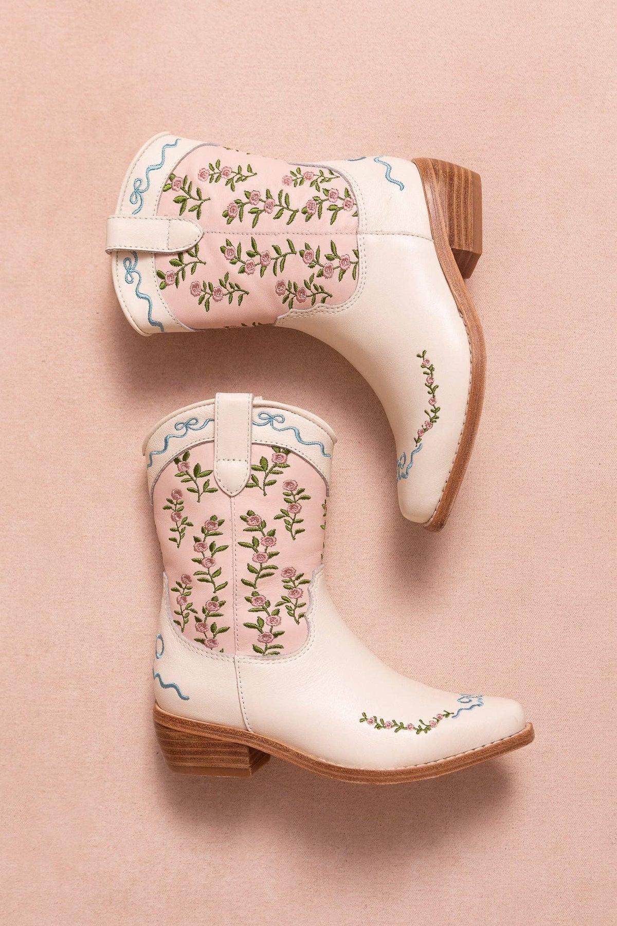 Mini Cream & Pink Rosemary Cowgirl Boots