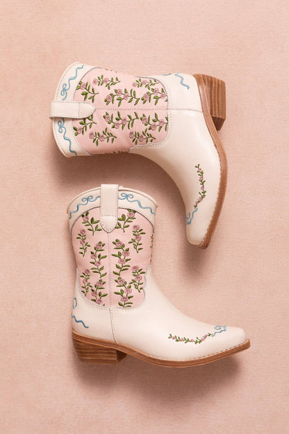Mini Cream & Pink Rosemary Cowgirl Boots