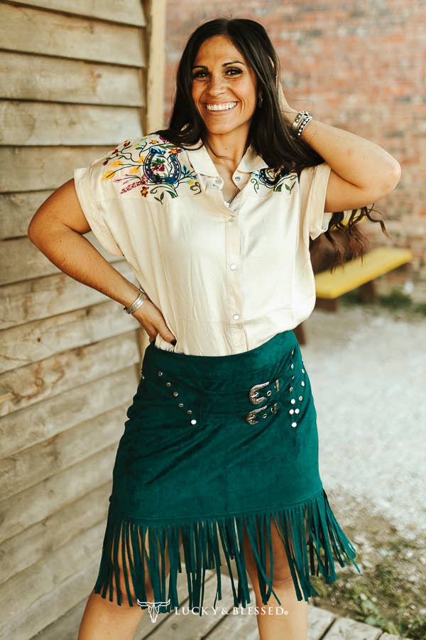 Teal Suede Silver Studded Buckle Skirt
