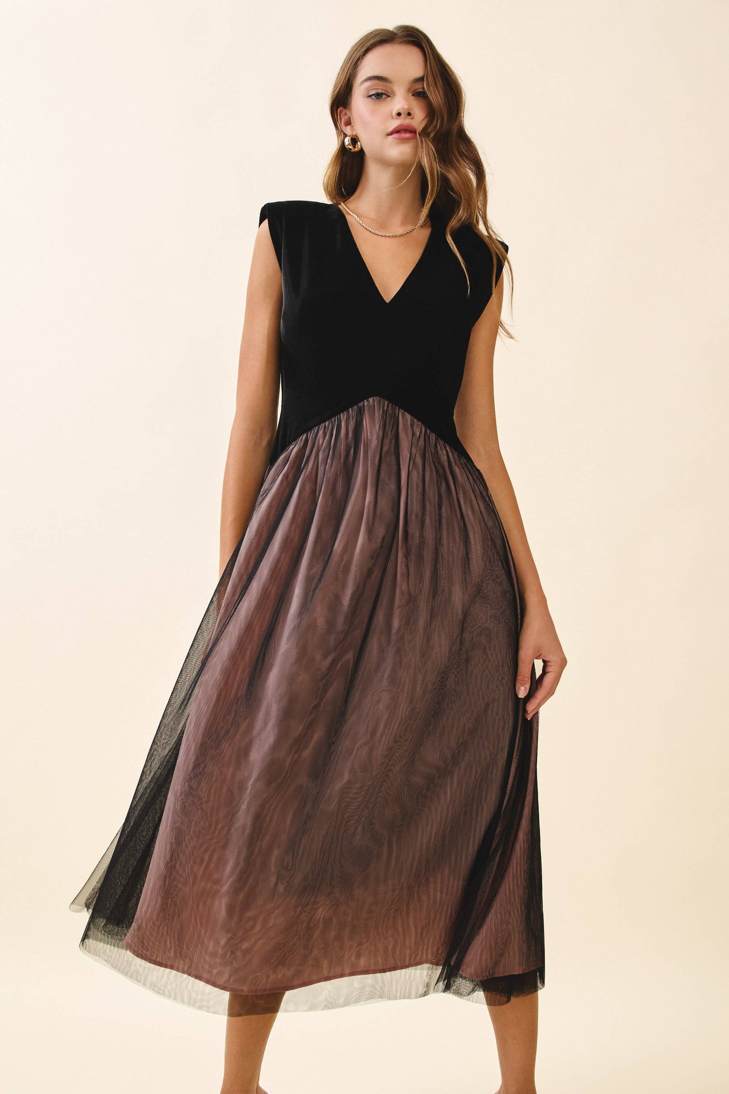 Velvet Fitted Bodice Padded Shoulder Midi Dress