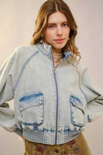 Western Embroidered Denim Bomber Jacket