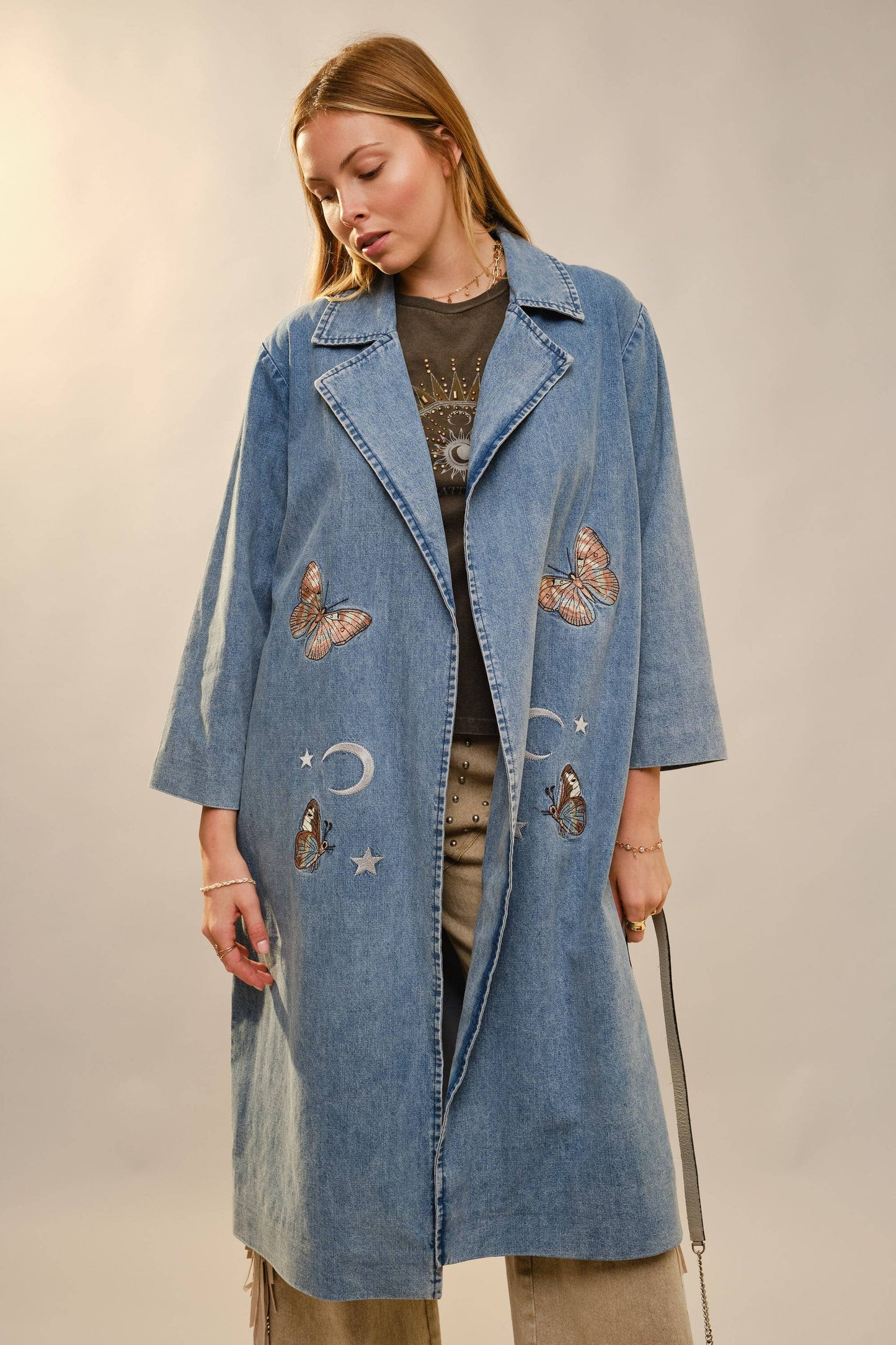 Denim Trench Coat With Embroidery