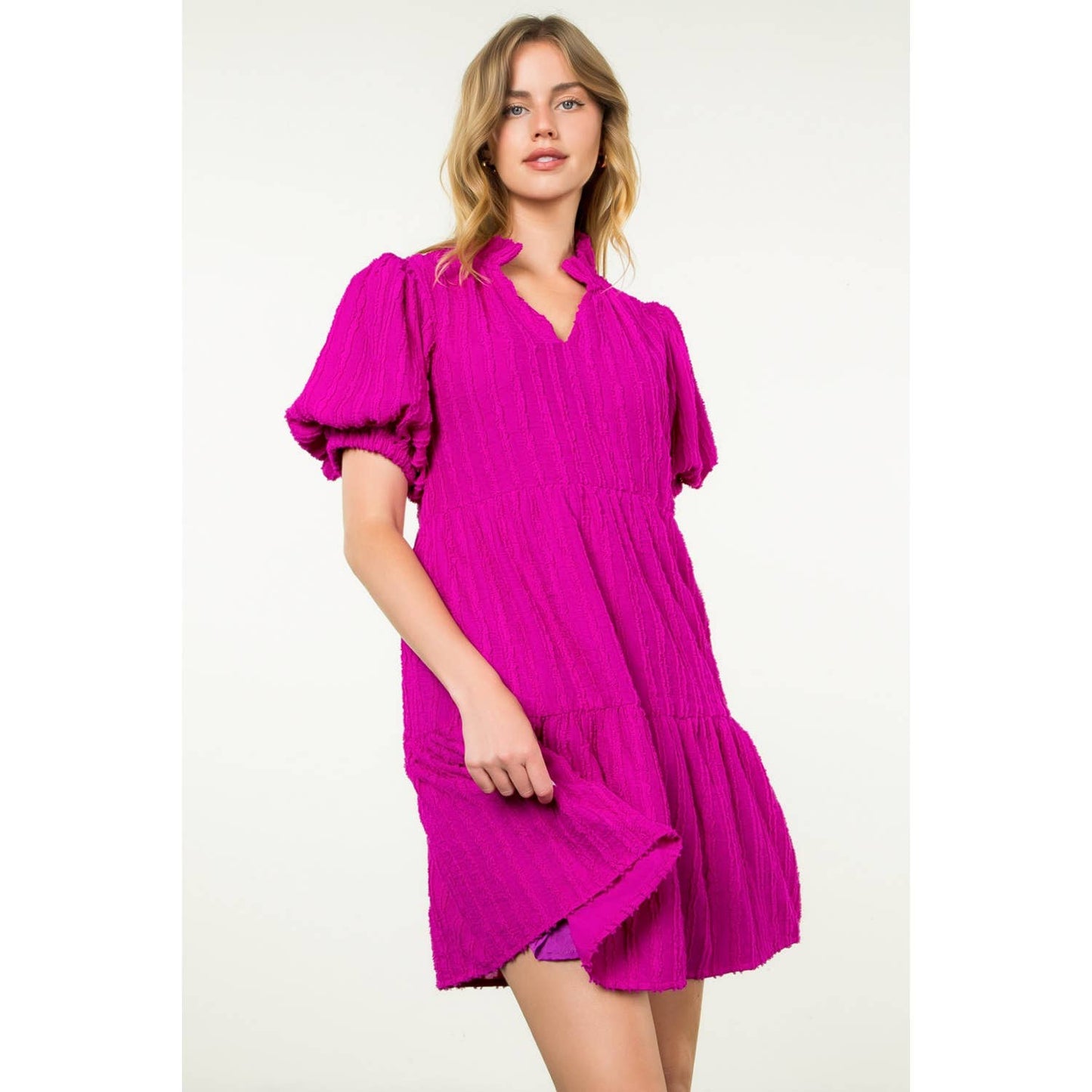 Tiered Puff Sleeve Textured Dress