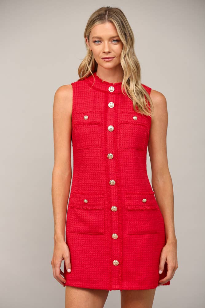 Front Pocket Sleeveless Tweed Dress