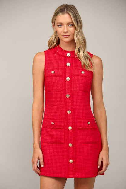 Front Pocket Sleeveless Tweed Dress