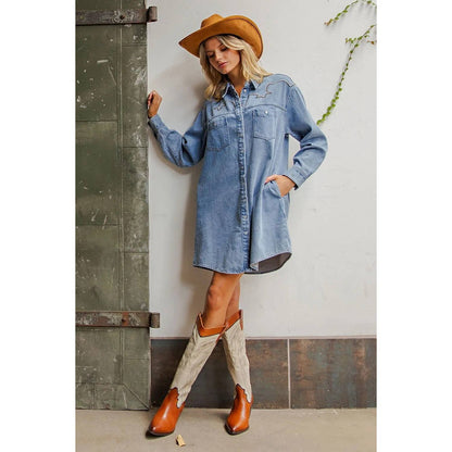 Mineral Washed Embroidered Yoke Denim Dress