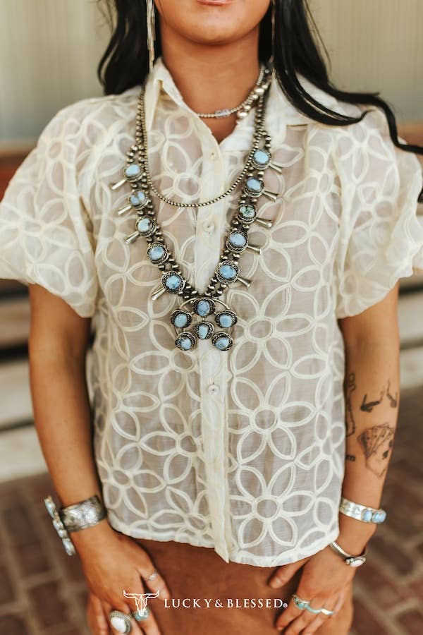Ivory Puff Sleeve Button Down Floral Collared Top