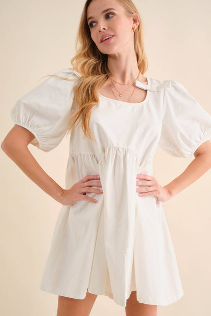 Puff Pleated Bow Tie Babydoll Dress