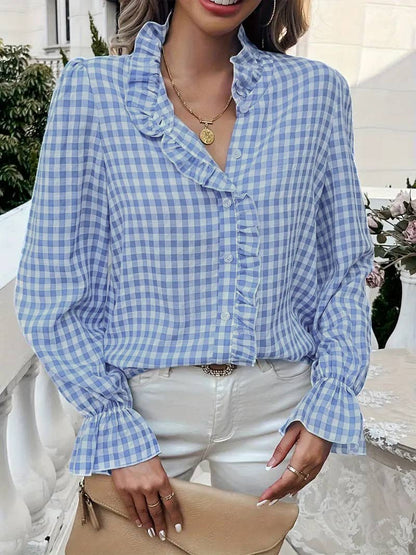 Ruffled Shirt Long-sleeve Plaid Blouse